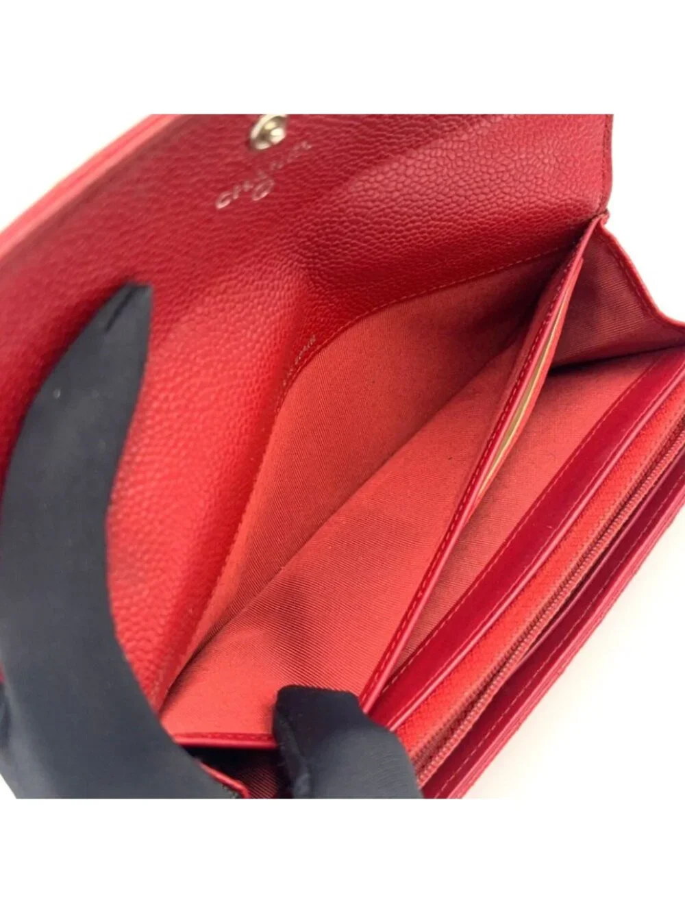 Chanel Quilted Caviar Leather Red Wallet Silver